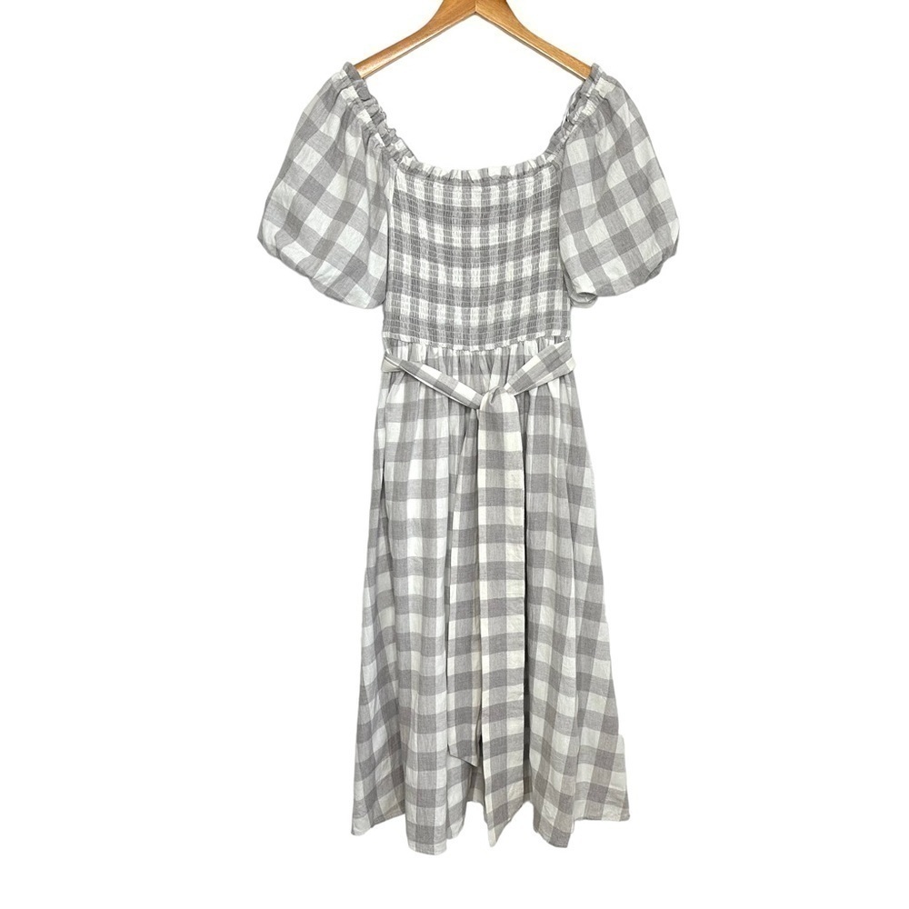 AURA Womens Gingham Short Puff Sleeve Midi Dress Sz Medium Gray White Smocked